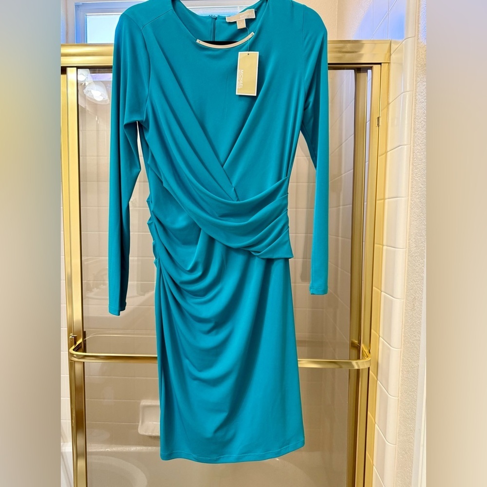 NWT Michael Kors Blue Ruched Wrap Dress Long Sleeve